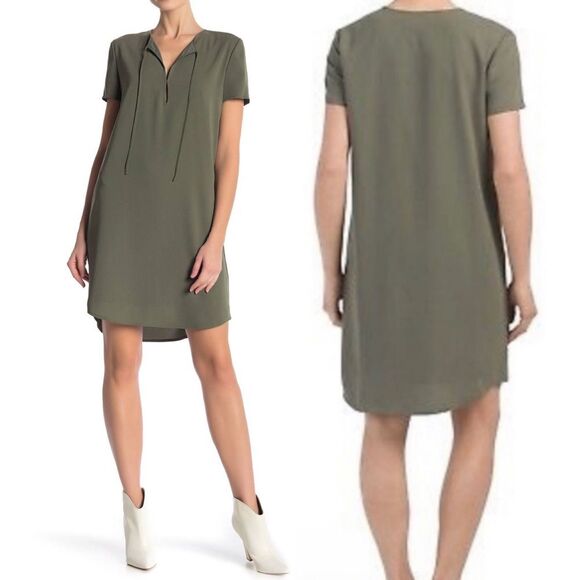 Theory Dress Women's Size 8 Keyhole Tie Shift Drapey Crepe Dress Military Green - Picture 13 of 13